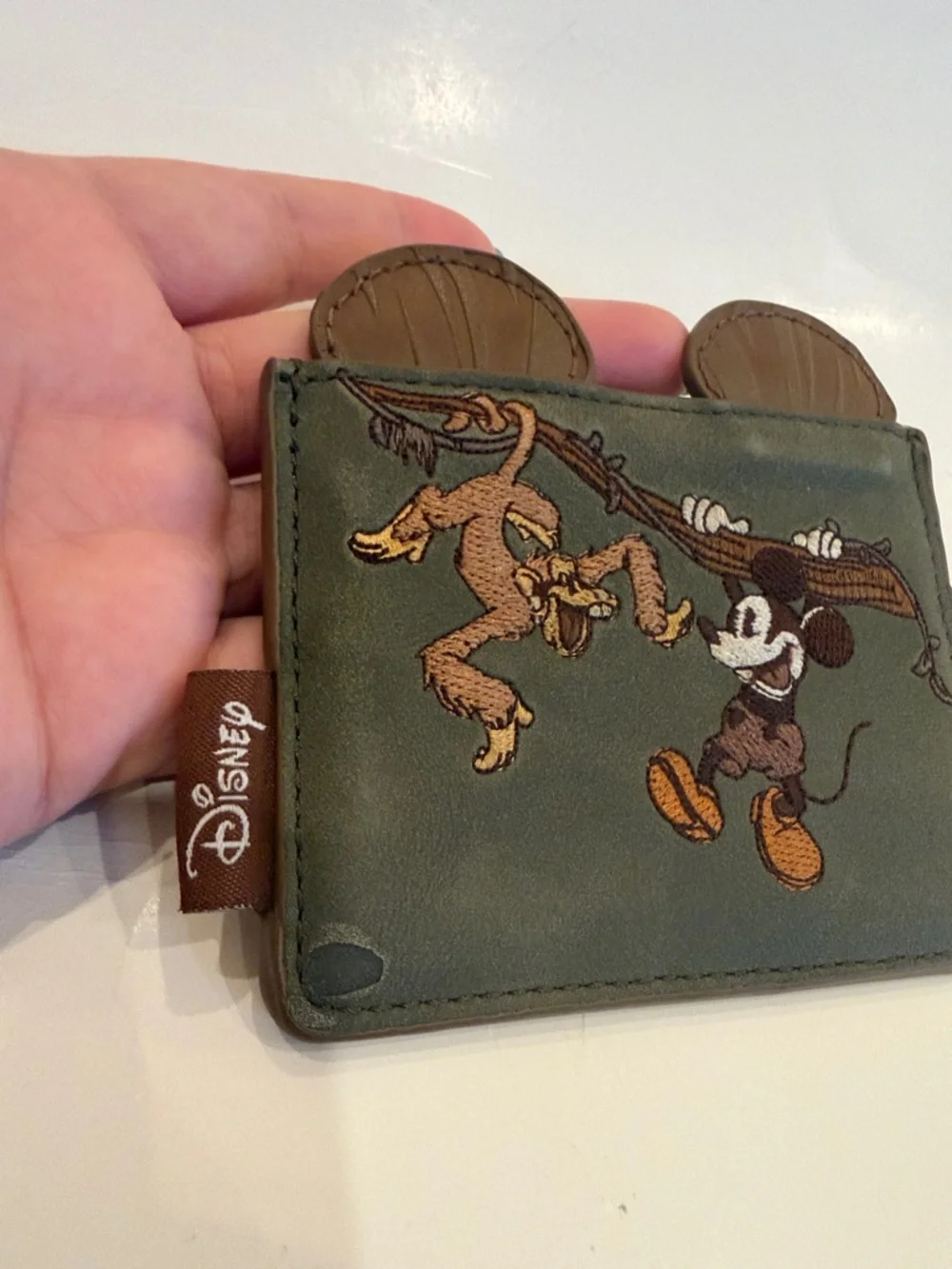 Disney Loungefly Olive Green Mickey & Pluto Embroidered Card Case Minor Wear